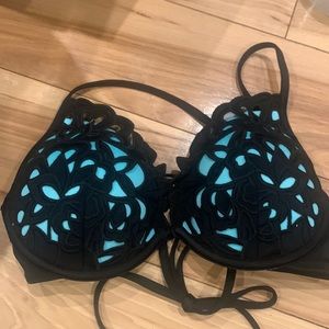 NWT SHADE SHORE teal black lace padded braw push up  BATHING SUIT TOP BRA SZ 36B